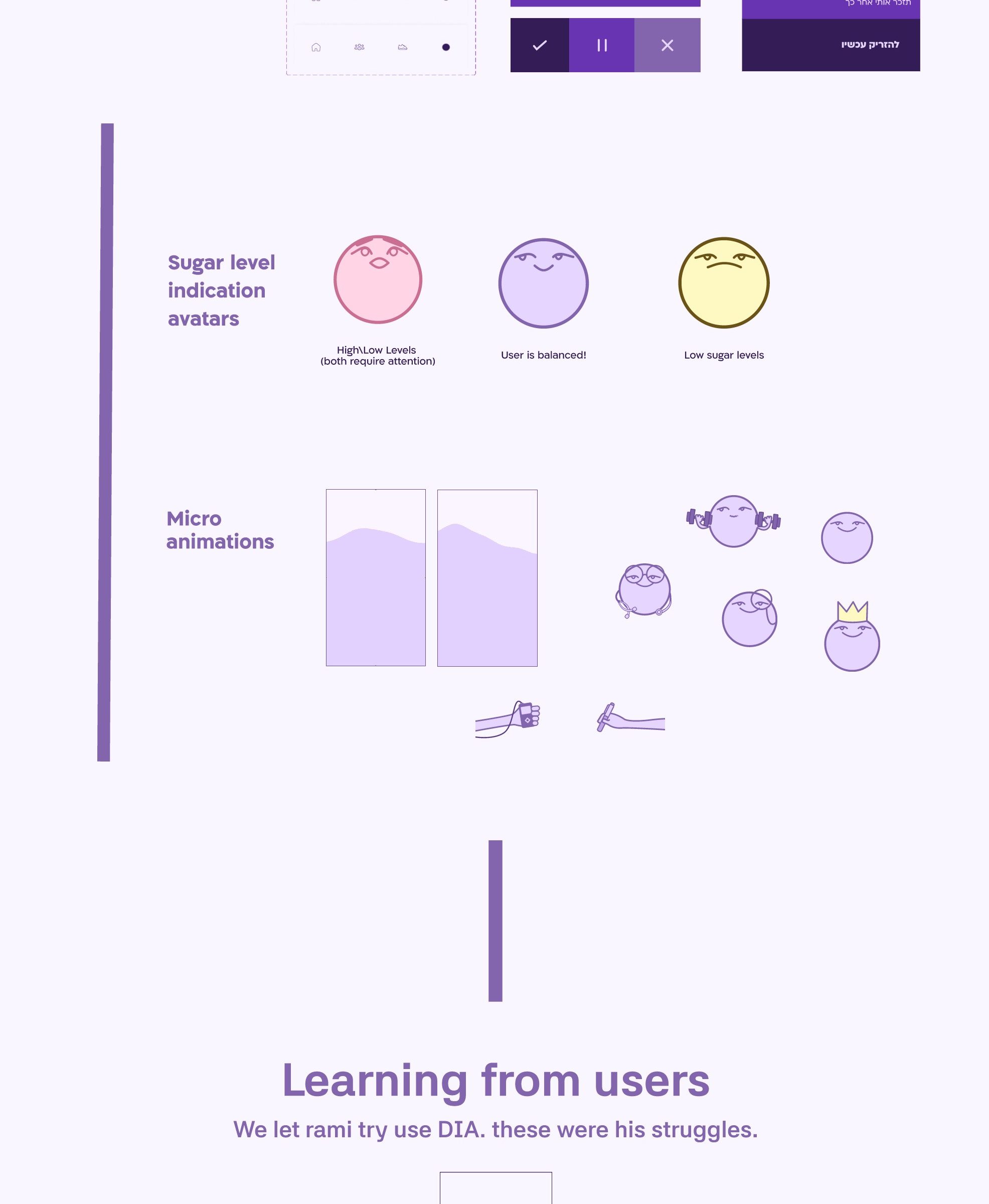 UI and buttons, sugar level indication avatars, micro animations