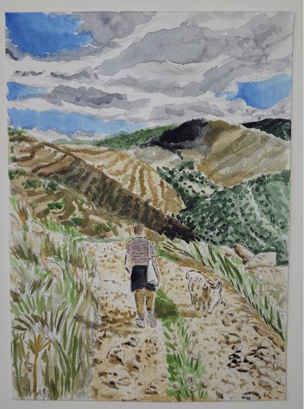 Watercolor painting of a hillside path